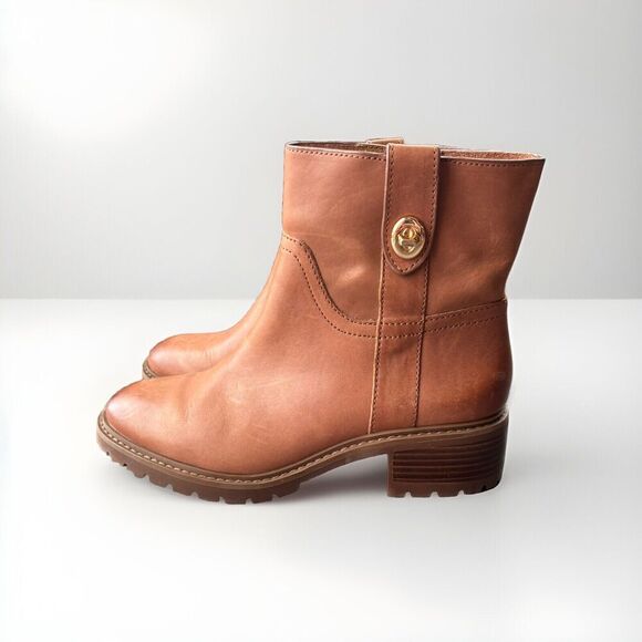 Coach Women's Georgetta Leather Combat Boots Tan Size 6.5 Zip - Picture 1 of 8